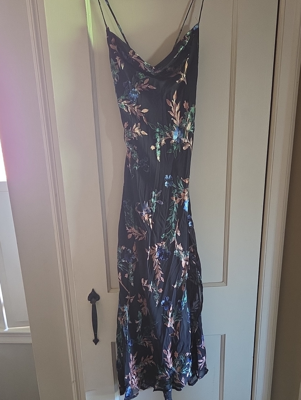 Black Floral Slip Dress with Strappy Cowl Neck